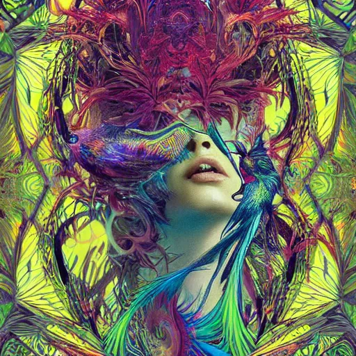 Image similar to A reality bending psychedelic ayahuasca experience, colorful, distorted, surreal, tropical bird feathers, dramatic lighting on the face, intricate, elegant, highly detailed, digital painting, concept art, smooth, sharp focus, illustration, art by Krenz Cushart and Wayne Barlowe and alphonse mucha