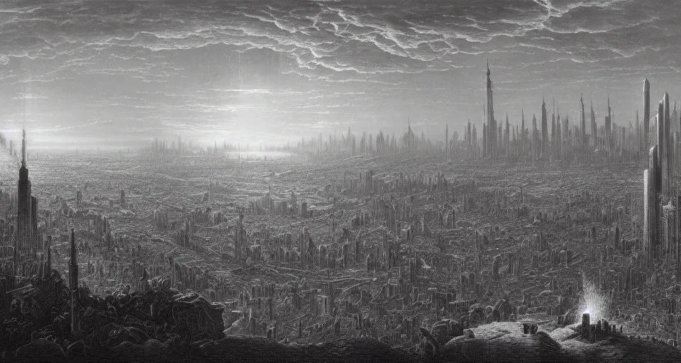 Image similar to view on futuristic city in the horizon, illustration by gustave dore, detailed, sharp, masterpiece, 8 k