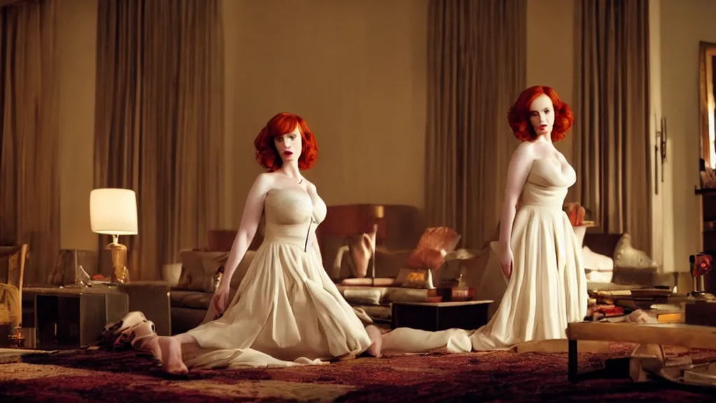 Prompt: Christina Hendricks in the living room, film still from the movie directed by Denis Villeneuve with art direction by Salvador Dalí, wide lens