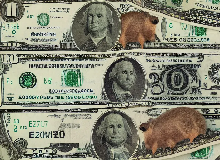 Prompt: currency design dollar bill, with the portrait of a capybara , currency symbols printed, highly detailed, realistic, octane render, uplight