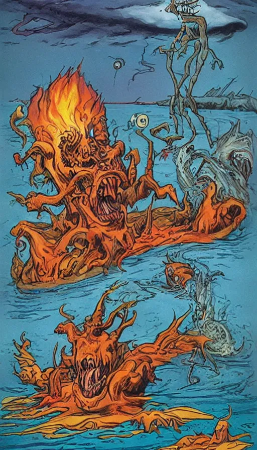 Image similar to man on boat crossing a body of water in hell with creatures in the water, sea of souls, by ed roth