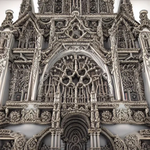 Image similar to a beautiful hyperrealistic 3 d render of an ivory sculpture of an ornate detailed cathedral populated by mandelbrot fractals, micro detail, 8 k, unreal engine, volumetric lighting, octane renderer, catholicpunk, colorful, physically based rendering, carved soap, trending on cgsociety