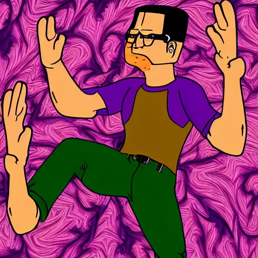 Prompt: Hank Hill from King of the Hill, falling into the abyss, fractal void, dmt colors, hyperrealistic