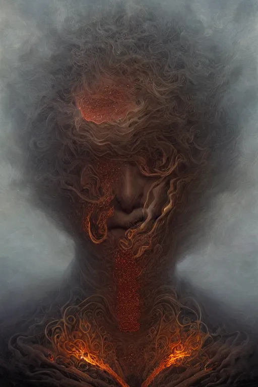 Image similar to Intricate stunning highly detailed humanoid automoton by agostino arrivabene and Vladimir Kush, surreal, digital painting, ultra realistic, Horror vacui, dramatic lighting, full moon, thick black swirling smoke tornado, burning fire embers, artstation