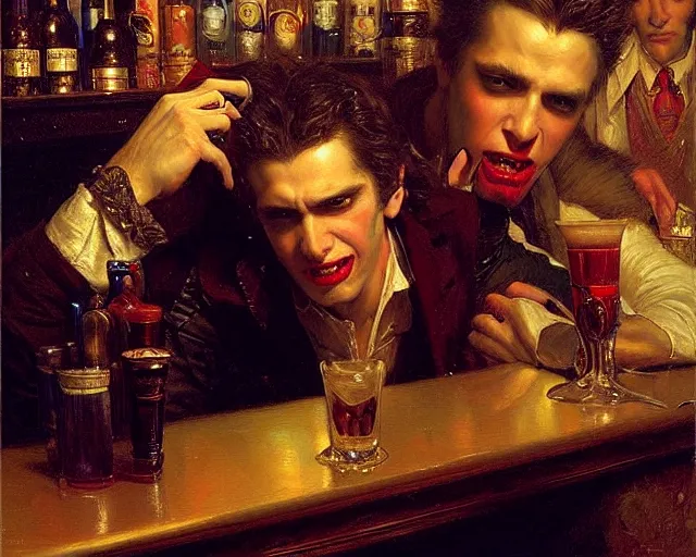 Image similar to attractive male vampire who is a russian immigrant in the new york city working as a bartender in a rock bar highly detailed painting by gaston bussiere, craig mullins, j. c. leyendecker 8 k
