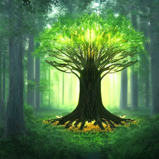 Prompt: Forest, giant tree in the center, glowing leaves, tree of life, masterpiece, 4k, digital art