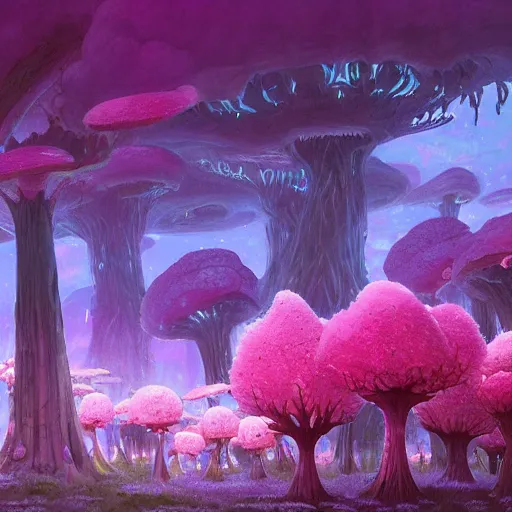 Image similar to concept art painting of a fantasy alien fungal landscape at night, magenta trees, glowing blue mushrooms, village of houses made of mushrooms, dark purple sky, realistic, detailed, cel shaded, in the style of makoto shinkai and greg rutkowski and albert bierstadt and james gurney