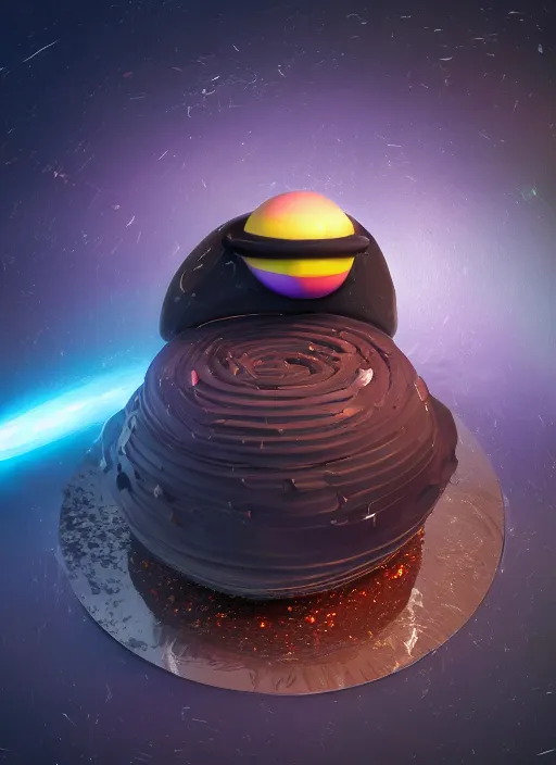 Image similar to a black hole cake, planets, space, universe, au naturel, hyper detailed, digital art, trending in artstation, cinematic lighting, studio quality, smooth render, unreal engine 5 rendered, octane rendered, art style by pixar dreamworks warner bros disney riot games.