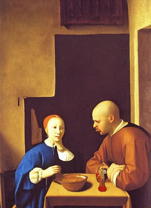 Image similar to young man at the table with young pretty blonde girl at the crowded tavern in the evening. medieval painting by jan van eyck, johannes vermeer