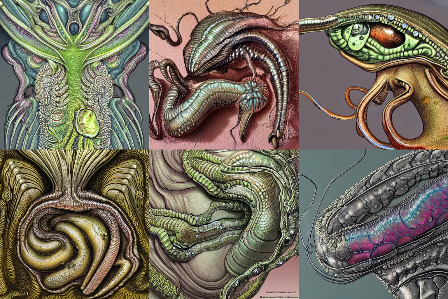 Prompt: highly detailed side view face of a gooey and translucent slug mantis, digital art by Ernst Haeckel, Kentaro Miura, and Giger, trending on Artstation