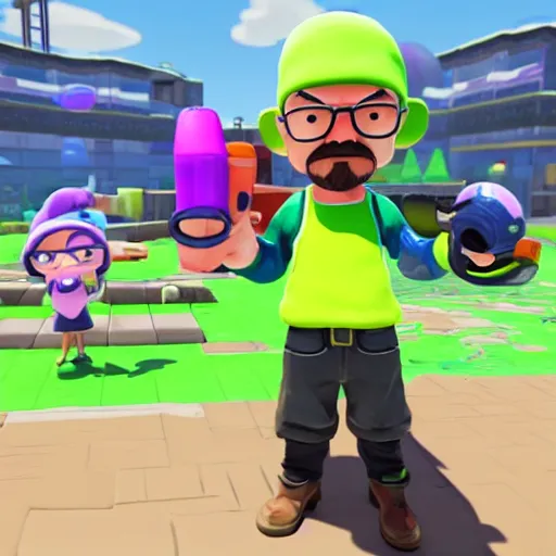 Prompt: walter white in splatoon as an inkling, standing next to an inkling, wide shot, in game screenshot, unreal engine, high definition