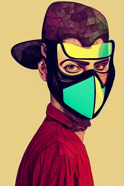 Image similar to random masked guy with blouse, pop art, aesthetic art, 8 k, asymmetrical, high details, digital painting, concept art, smooth, beautiful, full body perfect, sharp focus, illustration, intricate, art by arstation and mimmo rottela, pixels art by paul robertson