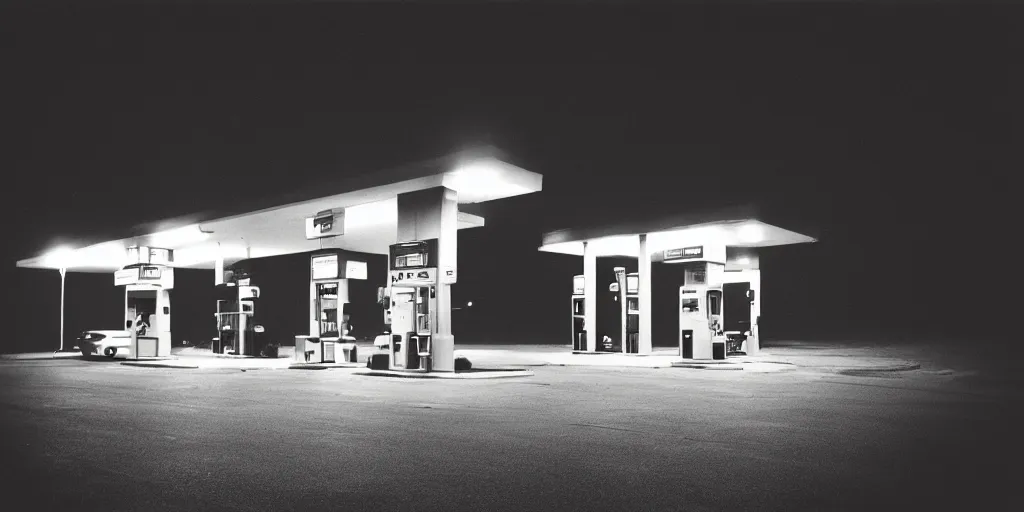 Prompt: “35mm film photography of gas station, fog, cinestill 800t, grain”