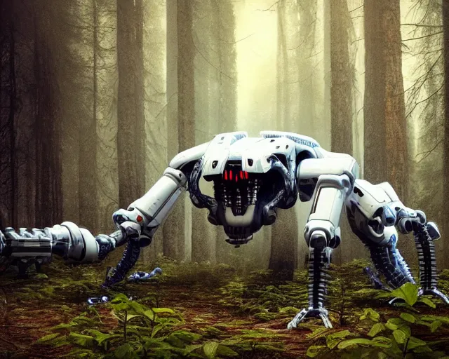 Image similar to photo of a giant huge white terminator spider with heavy duty biomechanical hydraulic cybernetic body with antennas and visor cogs and gears and components in the forest. cyberpunk horror style. highly detailed 8 k. intricate. nikon d 8 5 0 5 5 mm. award winning photography.