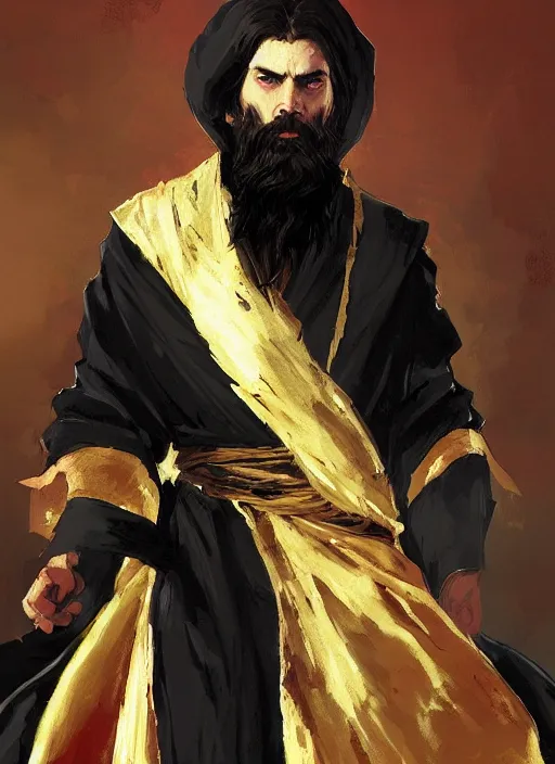 Prompt: character concept portrait of an attractive bearded young Rasputin dressed in a black, gold, and crimson robe with hood. Action pose. intricate, elegant, digital painting, concept art, smooth, sharp focus, illustration, from Metal Gear, by Ruan Jia and Mandy Jurgens and William-Adolphe Bouguereau, Artgerm