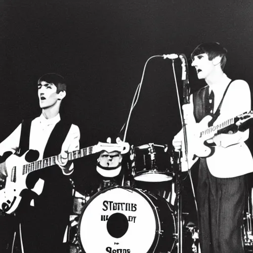 Prompt: The Smiths performs with the Beatles, professional vintage photo, highly detailed, sharp focus, 35mm