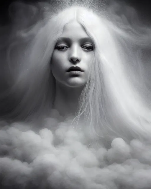 Image similar to monochrome, dreamy, subsurface scattering, white, young beautiful goddess in cosmos with very long white hair floating in air, fluid smoke art, black and white, octane render, dino valls, mark ryden, joe fenton, michal karcz, highly detailed, rim light, art, cinematic lighting, very coherent, hyper realism, 8 k