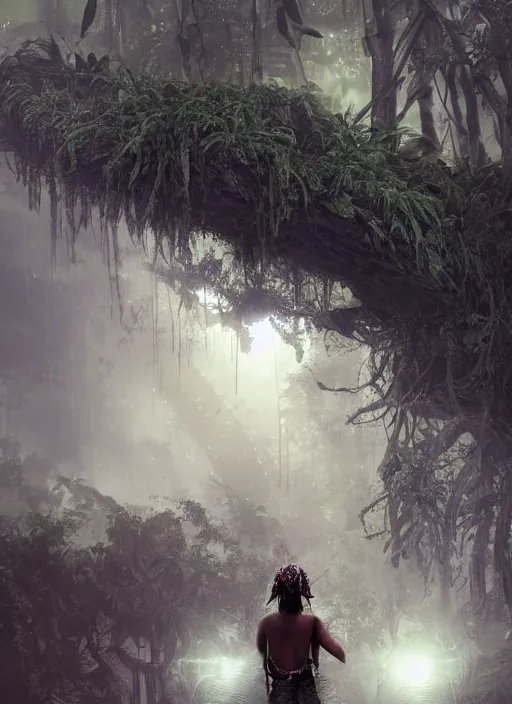 Prompt: a tribal woman from behind, in front of the aircraft carrier USS Nimitz overgrown with lush vegetation, lush rain forest, post appocalyptic, by Luis Royo, by Greg Rutkowski, dark, gritty, intricate, backlit, strong rim light, cover illustration, concept art, volumetric lighting, volumetric atmosphere, sharp focus, octane render, trending on artstation, 8k