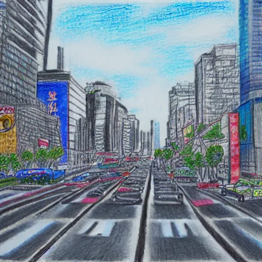 Image similar to chibuya crossing, colored pencil drawing