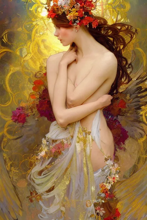 Prompt: a beautifull intricate painting of a beautifull angel with fire wings surrounded by flowing flower petals, ornamental gold headpiece, vivid colors, artstation, by jeremy mann, by alphonse mucha, by boris vallejo