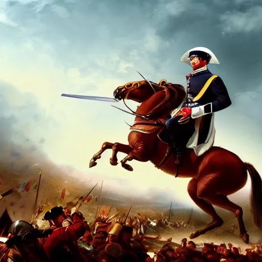 Prompt: gopro picture of napoleon on his horse fighting in waterloo, trending artstation, hyper realistic, very detailed, dramatic scene, realistic lighting, anime, 4 k