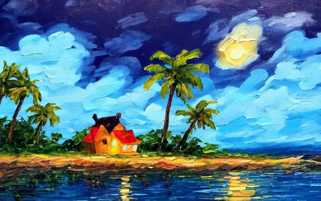 Prompt: a very very small island! with a cute cozy large cottage!! on it and a paved patio!!!! with chairs and string lights!!!, palm trees, dark evening cloudy sunset, dramatic and dynamic lighting, thick brush strokes oil impasto painting