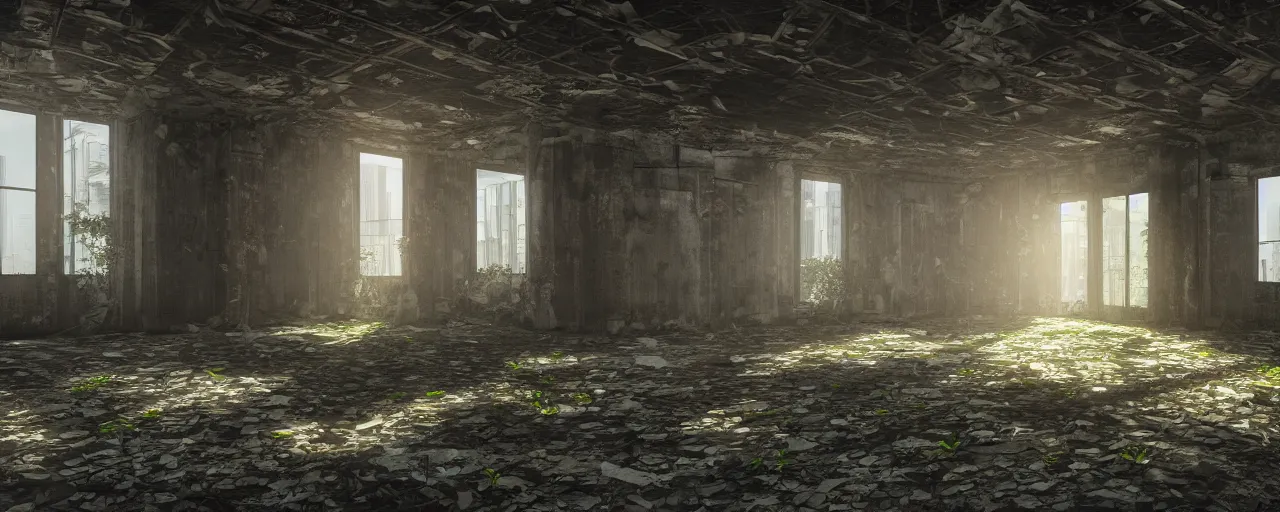 Image similar to interior of a building in an abandoned Manila, light pouring through one tiny window, deserted and decaying concrete, vines growing on the walls, plants sprouting from the floor, unreal engine 5, raytracing, trending on artstation, 8k