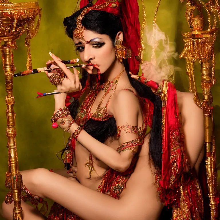 Image similar to bollywood hookah smoking nymphs, androgynous, sharp focus, neotenous, by chen man