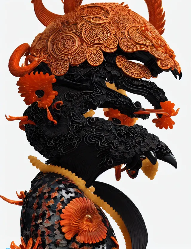 Image similar to 3 d goddess close - up profile portrait biomechanics with ram skull. beautiful intricately detailed japanese crow kitsune mask and clasical japanese kimono. betta fish, jellyfish phoenix, bio luminescent, plasma, ice, water, wind, creature, artwork by tooth wu and wlop and beeple and greg rutkowski. gold black teal and orange color scheme