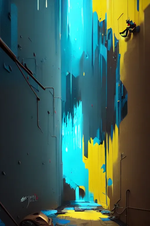 Image similar to matte painting extreme offset 3 d calligraphy graffiti mural dripping paint wall extreme maximalism by atey ghailan, by greg rutkowski, by greg tocchini, by james gilliard, by joe fenton, yellow, brown, black and cyan color scheme, octane render