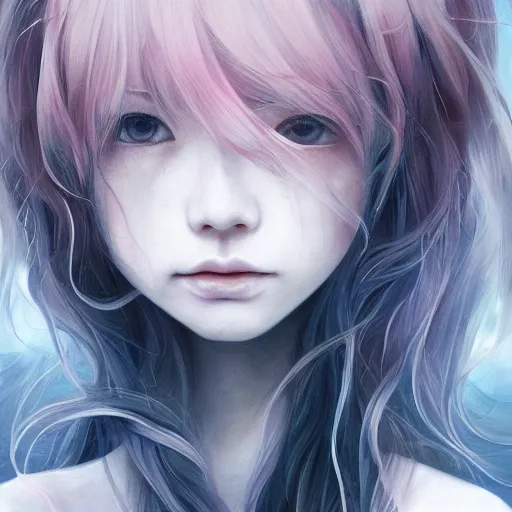 Image similar to Portrait 🍔💀 by Miho Hirano, Ross Tran and Ilya Kuvshinov, realistic, detailed, white, light pink tonalities, beautiful collage technique including flora, sea, wind, ornate sea background, beautiful Fantasy detailed trending on artstation, oil painting,Dramatic lighting, eterea , high quality print, fine art with subtle redshift rendering