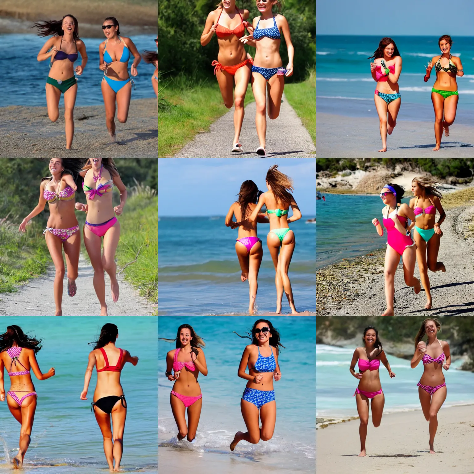 Prompt: 2 girls in bikinis running into each other