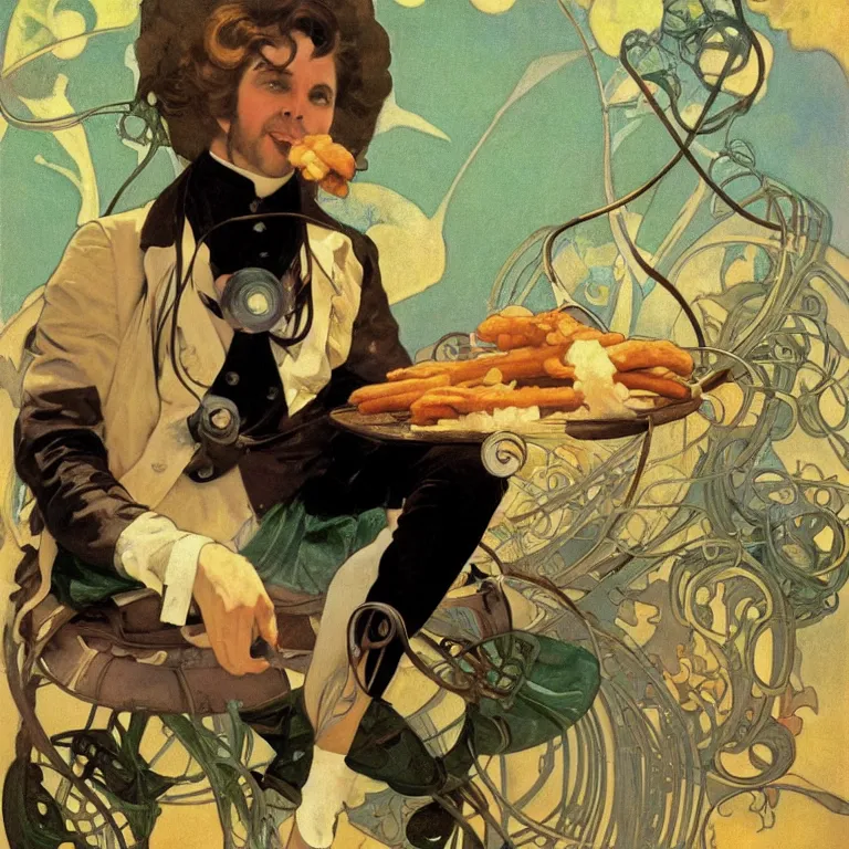 Prompt: Beautiful!! portrait of Doctor Octopus as an Edwardian dandy eating a corndog wearing a Velvet suit and sitting on a park Bench at sunset painted by Alphonse Mucha and arnold böcklin and Maxfield Parrish, hyperrealistic oil painting trending on artstation 8k