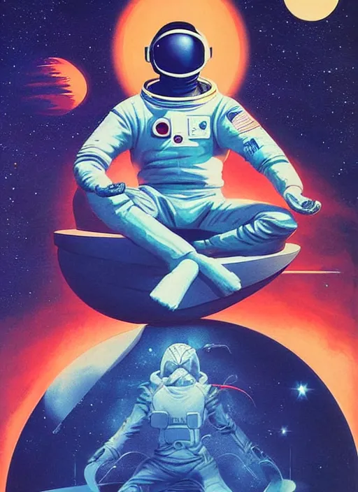 Image similar to a meditating astronaut, by vincent di fate, artgerm julie bell beeple, 1 9 8 0 s, inking, vintage 8 0 s print, screen print