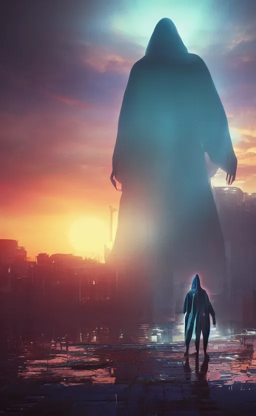 Image similar to a singular cloaked figure standing in the foreground of a cyberpunk landscape, synth, puddles, sunrise