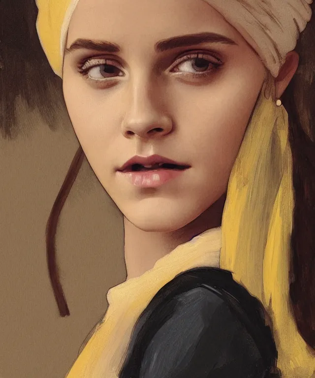 Image similar to Emma Watson as the girl with the pearl earring, highly detailed, digital painting, artstation, concept art, smooth, sharp focus, illustration, ArtStation, art by artgerm and greg rutkowski and alphonse mucha and J. C. Leyendecker and Edmund Blair Leighton and Katsuhiro Otomo and Geof Darrow and Phil hale and Ashley wood and Ilya repin and Charlie Bowater