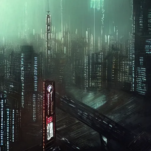 Prompt: a massive tower in the style of Blade Runner, in the background a cityscape with huge buildings and bridges, nurnies, greebles, dark mood, photorealistic