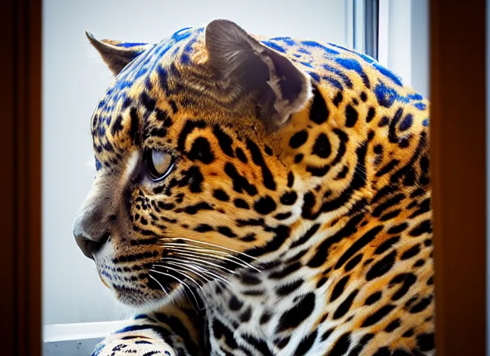 Image similar to photography of a Jaguar Cat . watching outside the window. on a bed. in a 70's room full of vinyls and posters, photorealistic, award winning photo, 100mm, sharp, high res