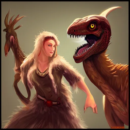 Image similar to female druid and a velociraptor, cinematic, trending in deviantart