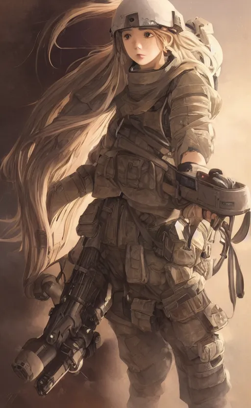 Image similar to a girl, fused aircraft parts, soldier clothing, combat helmet, anime style, long hair, hair down, symmetrical facial features, from arknights, hyper realistic, 4 k, rule of thirds, extreme detail, detailed drawing, trending artstation, hd, d & d, realistic lighting, by alphonse mucha, greg rutkowski, sharp focus, backlit