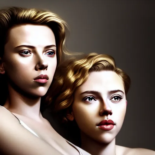 Image similar to intricate beautiful hyperreal portrait of a young scarlett johansson and young scarlett johansson, smiling softly, casual clothes, relaxing on the couch, home interior, golden hour, close up shot, 8 k, art by irakli nadar, hyperrealism, hyperdetailed, ultra realistic