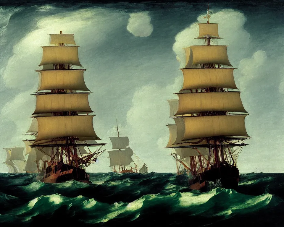 Image similar to an achingly beautiful print of the HMS Bounty sailing on stormy seas by Raphael, Hopper, Goya, and Rene Magritte. detailed, moody, enchanting, trending on artstation.