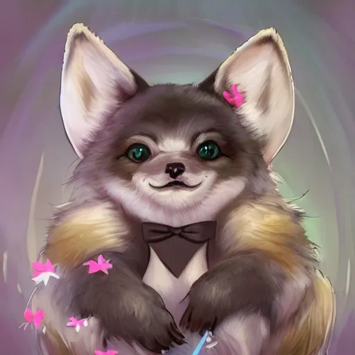 Image similar to an adorable zany girly alluring chubby charming but slightly terrifying # fennic fox wolf rabbit hybrid, with long floppy rabbit ears, wearing a cute girly bow on the top of its head, grinning at the camera with a mischievous look, sharp teeth, happy lighting, at a tropical beach, greg rutkowski and alphonse mucha and jin xiaodi and anthony devine