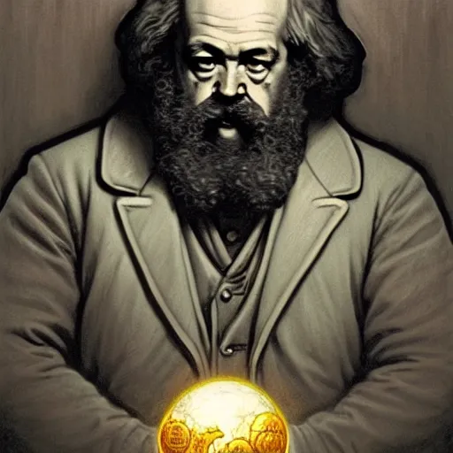 Image similar to Karl Marx pondering his orb, highly detailed, digital painting, artstation, concept art, smooth, sharp focus, illustration, art by todd lockwood and magalie villeneuve and alan lee and artgerm and greg rutkowski and alphonse mucha