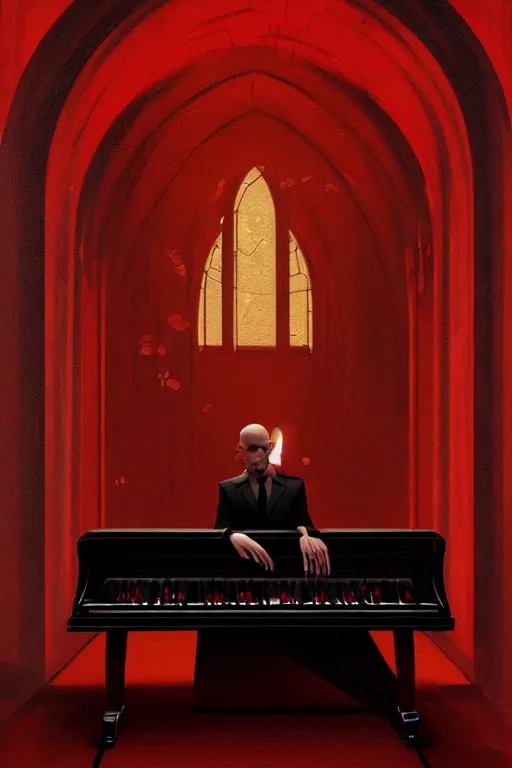 Image similar to an expressive portrait of agent 4 7 playing the piano in a monastery, dark background, red rim light, digital art, artstation, concept art by giger stalenhag