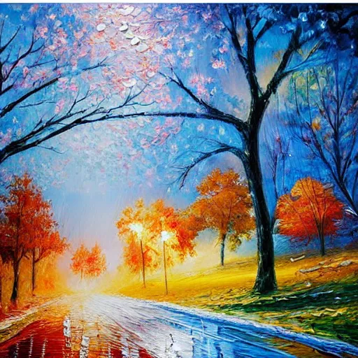 Image similar to painting depicting all four season in one paintng, concept art, artstation, detailed, impressionism, oil on canvas, knife painting, messy,