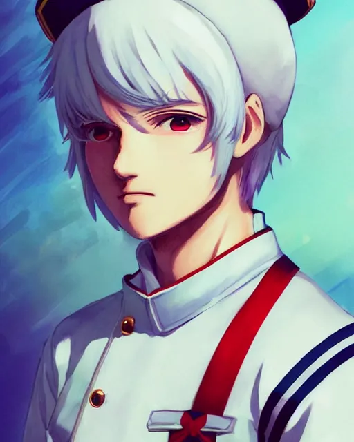 Image similar to a longshot 3 / 4 view portrait of a feminine anime boy with white hair wearing soviet sailor outfit and a sailor hat, digital painting, pixiv, artstation, art by artgerm ilya kuvshinov makoto shinkai and ( valentin bernardsky ), watercolor, sharp focus, cute, kawaii, high quality