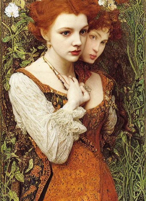 Prompt: masterpiece of intricately detailed preraphaelite photography portrait hybrid of judy garland aged 3 0 and a hybrid of dr. mary mcleod and shelly duval, sat down in train aile, inside a beautiful underwater train to atlantis, betty page fringe, medieval dress yellow ochre, by william morris ford madox brown william powell frith frederic leighton john william waterhouse hildebrandt