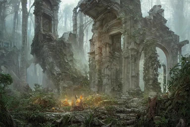 Prompt: painting of sacred ancient cursed ruins, forest, concept art, intricate details, eerie, highly detailed, photorealistic, octane render, 8 k, unreal engine. art by artgerm and greg rutkowski and alphonse mucha