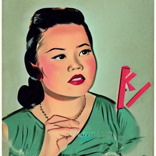 Image similar to Kelly Marie Tran portrait, color vintage magazine illustration 1950